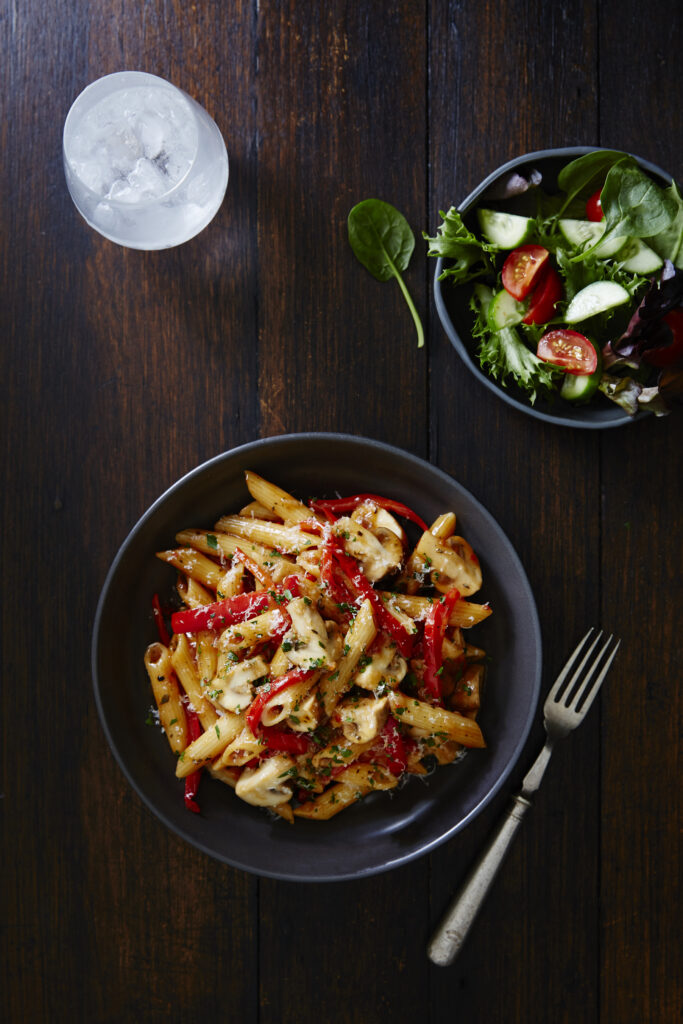 Pasta with Red Pepper & Bacon Sauce MushBoom